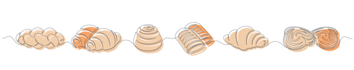 Buns, croissants and bakery continuous one line drawing set isolated on a white background. Horizontal banner. Outline bakery brown collections. Vector illustration