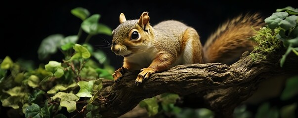 Obraz premium Squirrel perched on branch with surrounding green foliage and moss