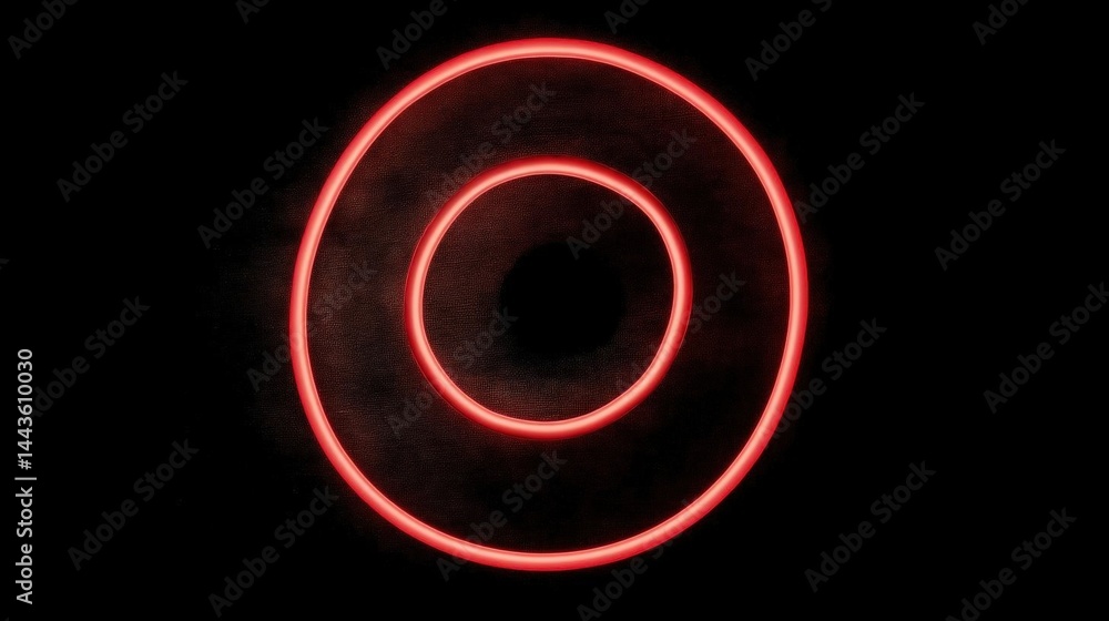 Poster black background with a red circle in the center. the circle is made up of thin, curved lines that f