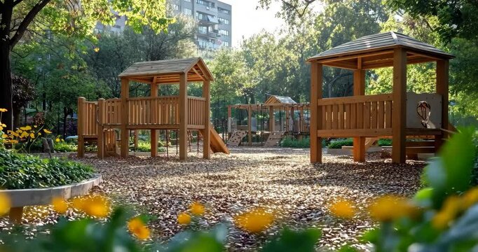 A beautiful wooden playground in a city park on a sunny morning.