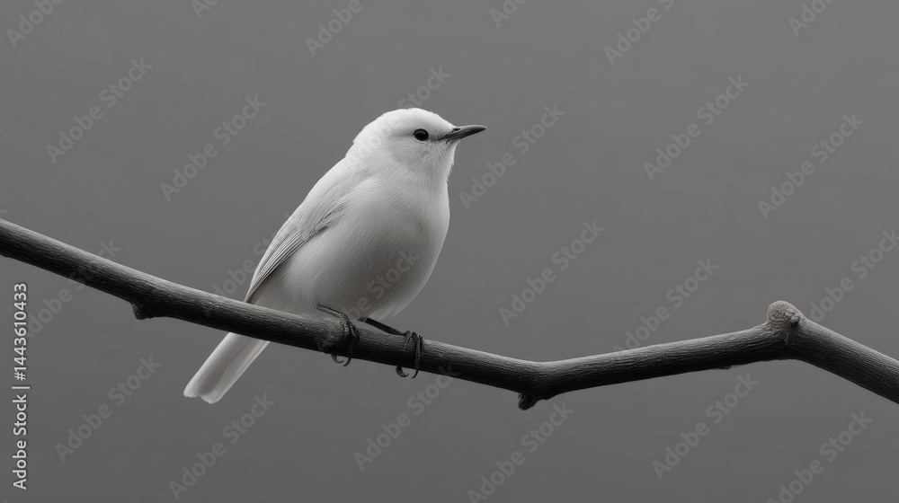 Aufkleber black and white photograph of a small bird perched on a thin branch. the bird is facing towards the 
