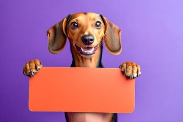 Isolated dog on a solid suit purple background. Dog holding billboard. Ð¡ute adult dog dachshund hold in front paws a prototype - large red way sign. Dog marketing pic. Pet in white space.