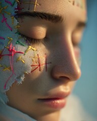 Woman with half her face stitched using colorful threads eyes closed in a surreal conceptual portrait expressing silent emotion.