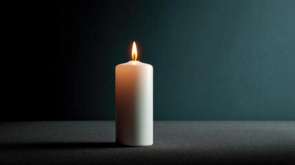 Close-up of a single white candle on a dark grey surface. the candle is lit, with the flame burning brightly. the background is a solid dark green color, creating a contrast with the white candle.