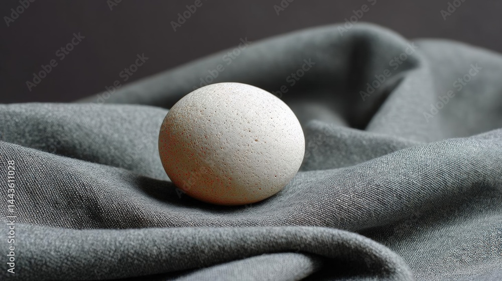Poster single egg lying on a grey fabric. the egg is round and has a smooth texture. it is placed in the ce