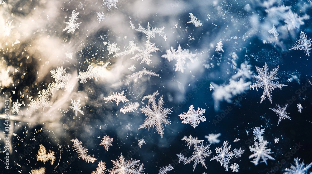Poster snowflakes gracefully falling from the sky in a low-key lighting setting creating a captivating and 