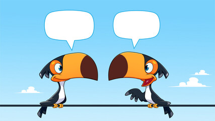 Fototapeta premium Black toucans talking on a power line. Vector illustration of two black toucans characters in nature.