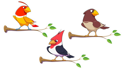 colorful bird characters resting on a tree branch and isolated on white background.