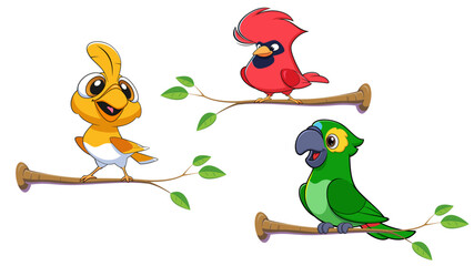 Obraz premium colorful bird characters resting on a tree branch and isolated on white background.