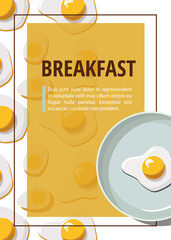 Fried egg on plate, flyer template concept. Seamless pattern with fried eggs on white background, top view. Breakfast food. Morning poster or menu.