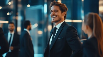 Smiling businessman in a modern office setting.