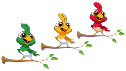 Obraz premium colorful bird characters resting on a tree branch and isolated on white background.