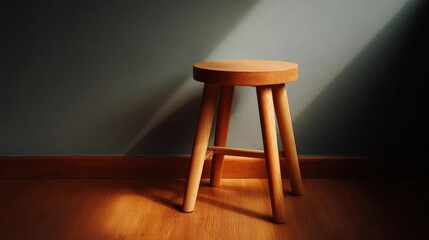 Small wooden stool against a dark grey wall. the stool is made of light-colored wood and has a round seat and four legs. the legs are slightly tapered and have a natural finish.