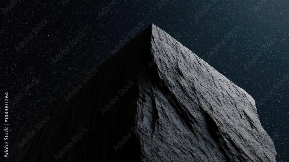 Poster close-up of a large rock formation with a triangular shape. the rock appears to be made of a dark gr
