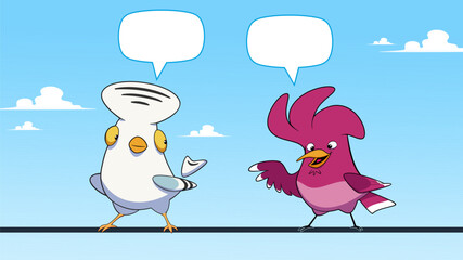 Colorful toucans talking on a power line. Vector illustration of two toucans characters in nature.