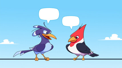 Colorful toucans talking on a power line. Vector illustration of two toucans characters in nature.