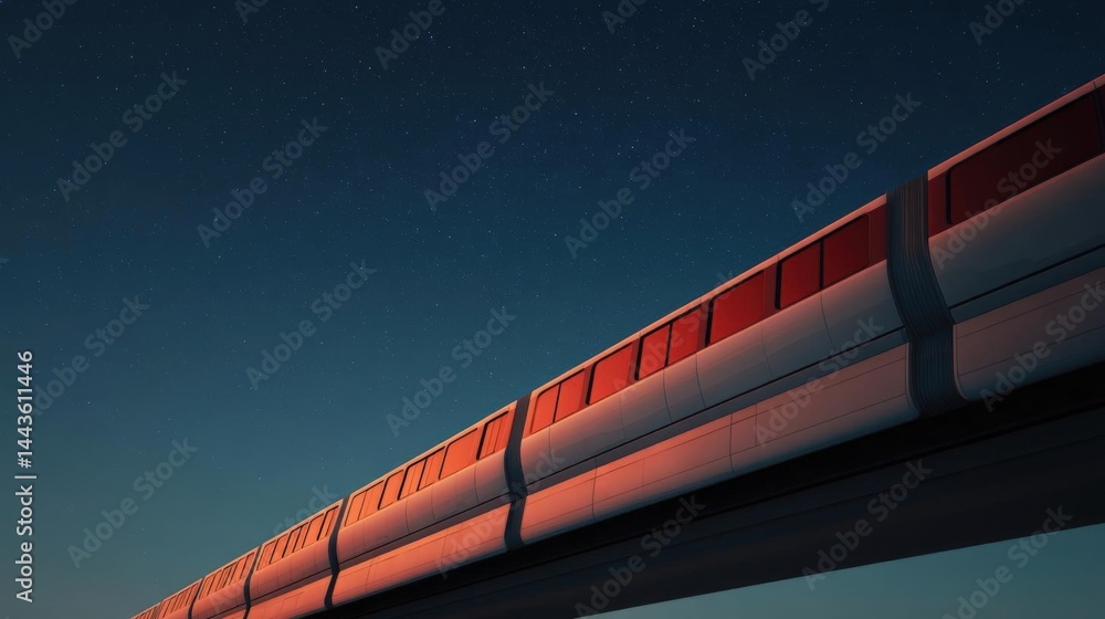 Poster long, curved train track with a red stripe running along the length of it. the track appears to be m
