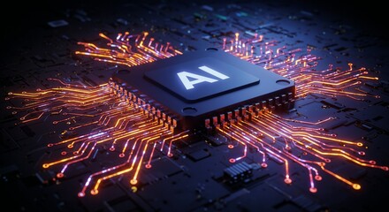 A microchip with "AI" printed on it is emitting glowing orange and pink circuit lines.

