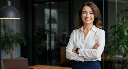 A business woman is standing with her arms crossed in a professional office environment.

