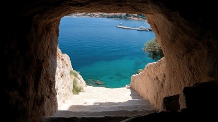 Coastal cave stairway overlooking turquoise sea
