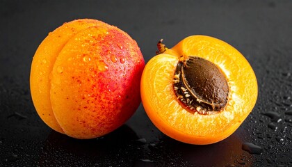 Fresh, ripe apricots with glistening water drops arranged on a dark background. The vibrant orange color and juicy texture create a rich, appetizing look, highlighting the natural freshness of the fru