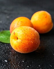Fresh, ripe apricots with glistening water drops arranged on a dark background. The vibrant orange color and juicy texture create a rich, appetizing look, highlighting the natural freshness of the fru