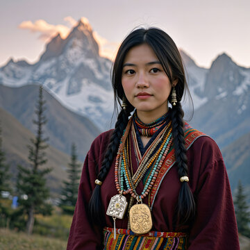 Tibetan Woman's Serene Dignity Against Himalayan Dawn