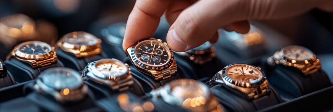 A man's hand selects a luxury watch from a display.