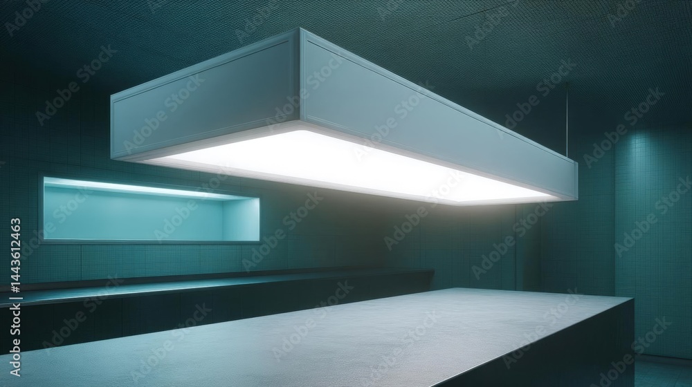 Poster modern kitchen with a large rectangular light fixture hanging from the ceiling. the light fixture is