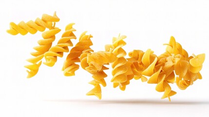 Fototapeta premium Spiraling Yellow Pasta Floating in Mid-Air on a White Background