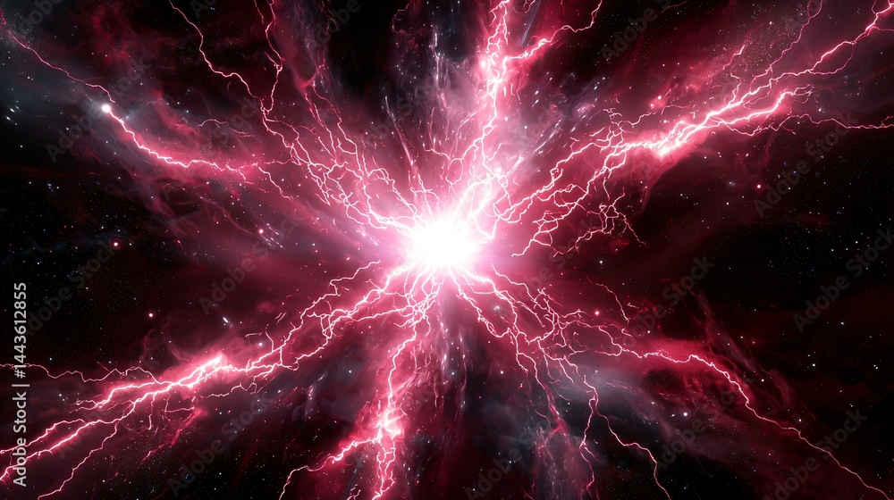 Poster a bright star surrounded by explosive lightning effects in a cosmic setting with neon glow and long 