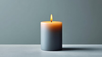 Close-up of a single candle on a grey surface. the candle is lit, with the flame burning brightly. the flame is orange and yellow in color, and the candle is cylindrical in shape.