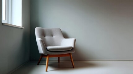 Modern armchair in a corner of a room. the chair is upholstered in a light grey fabric with a subtle texture. it has a wooden frame with four legs and a curved backrest.