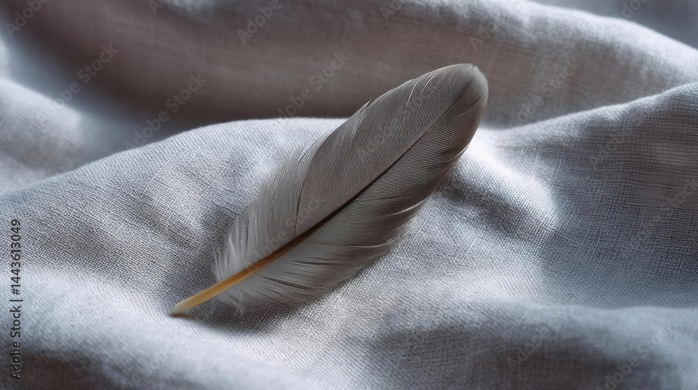 Poster close-up of a feather resting on a white fabric. the feather is in focus, while the background is bl