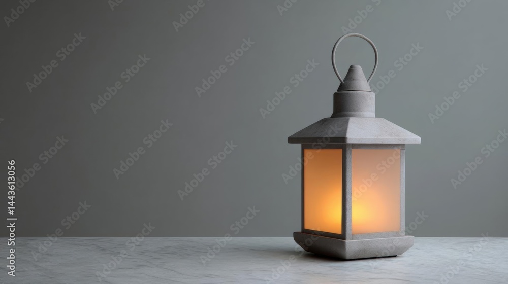 Poster small, square-shaped lantern with a handle on top. the lantern is made of metal and has a grey finis