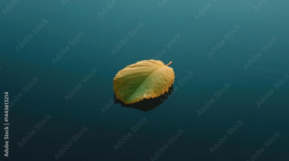 Poster photograph of a single leaf floating on a body of water. the leaf is in the center of the image and 