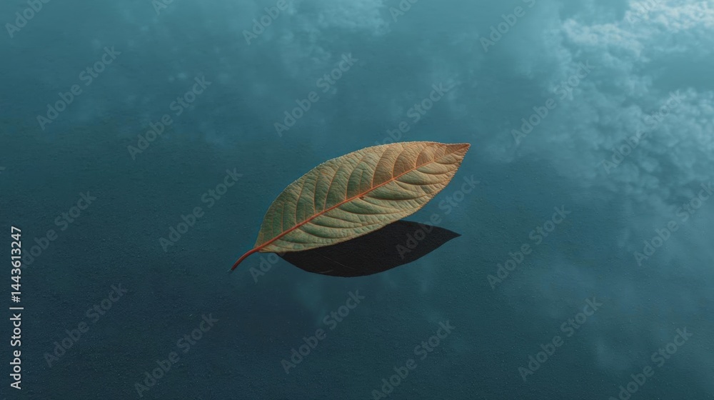 Poster photograph of a single leaf floating in the water. the leaf is in the center of the image, with its 
