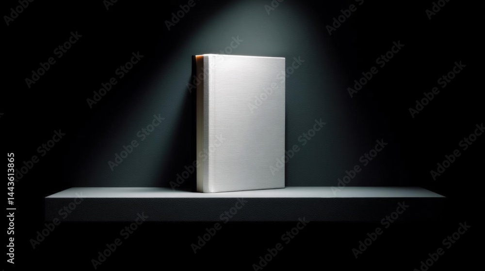 Poster white book standing upright on a black shelf. the book appears to be a hardcover with a textured cov