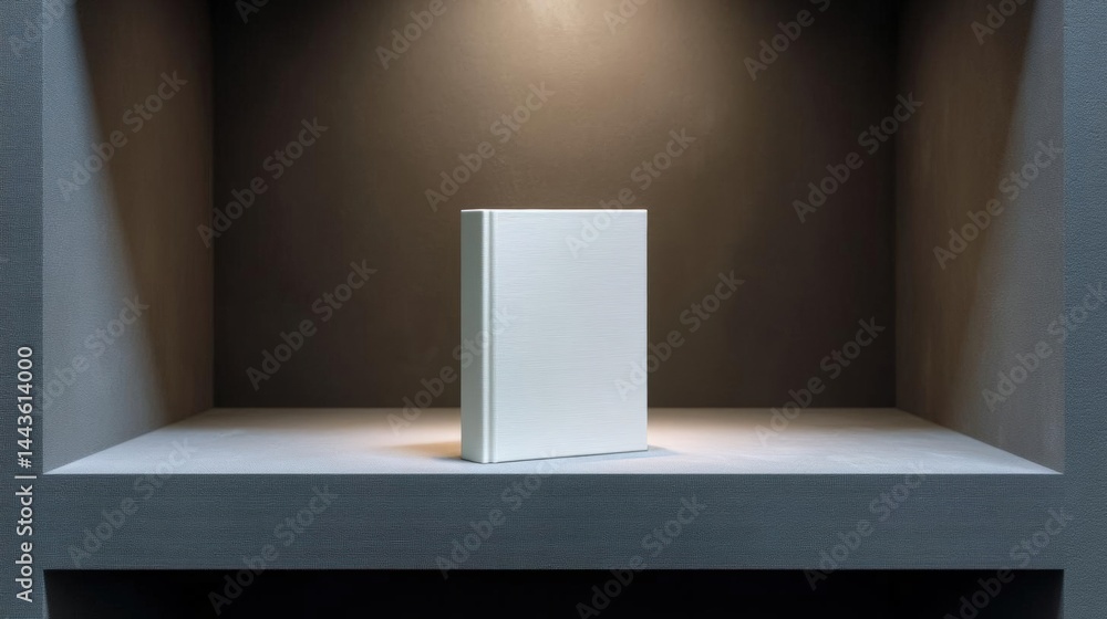 Aufkleber white book sitting on a white shelf in a dark room. the book appears to be a hardcover with a rectan