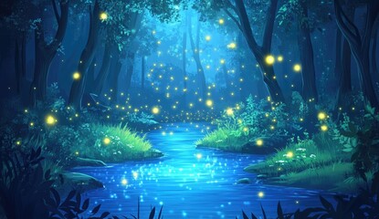 Mystical forest at night, glowing with fireflies.  A serene stream winds through the dense woods, illuminated by the ethereal light of the insects