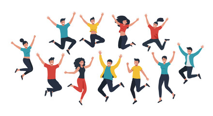 Fototapeta premium Diverse Group of Joyful People Jumping – Cartoon Illustration of Celebration and Unity