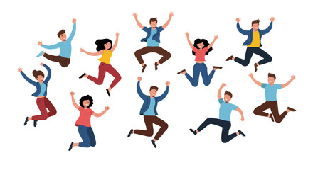 Diverse Group of Joyful People Jumping – Cartoon Illustration of Celebration and Unity