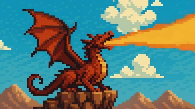 Red dragon breathing fire in pixel art style