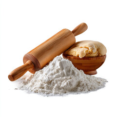 Raw dough with wooden rolling pin and flour for baking isolated on transparent background. isolated white background