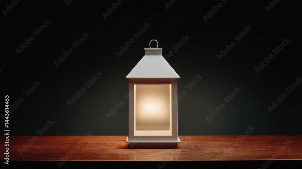Poster photograph of a white lantern on a wooden table. the lantern has a triangular shape with a pointed t