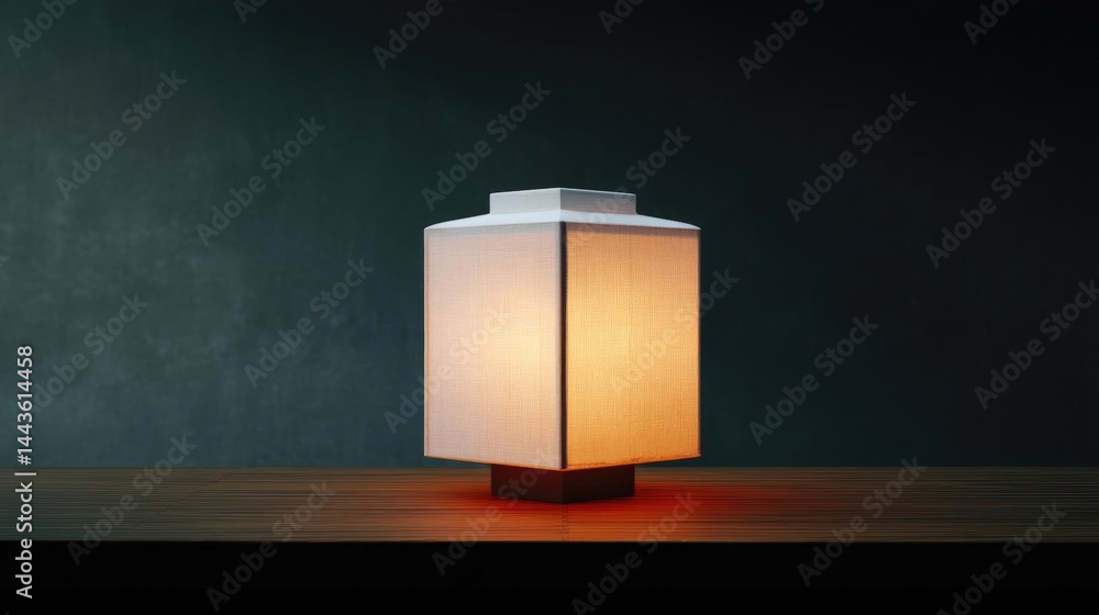 Poster small table lamp on a wooden surface. the lamp is square in shape and has a white base with a square