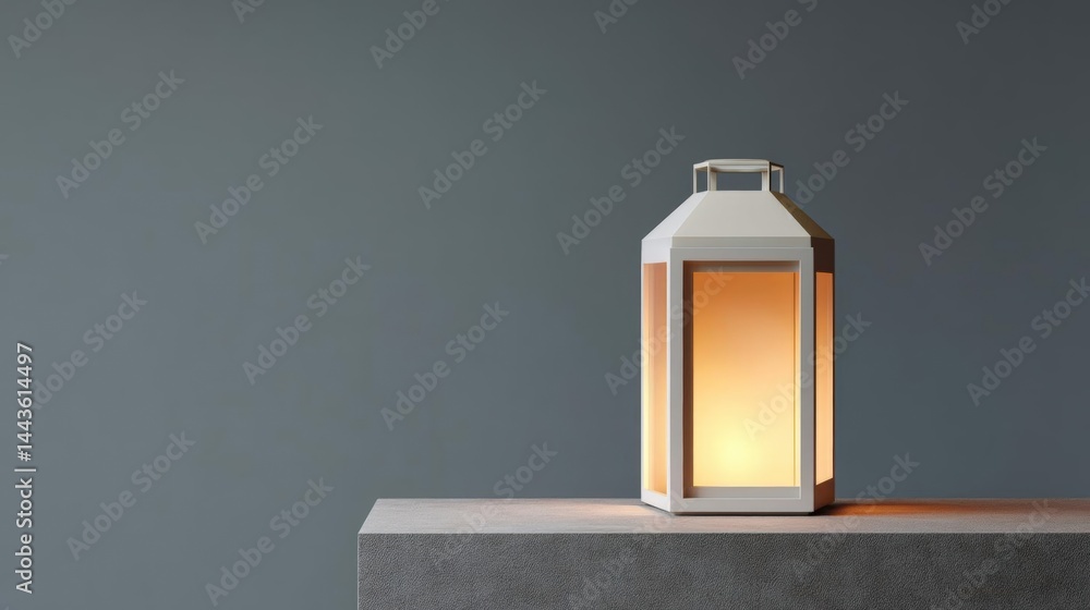 Poster white lantern with a handle on top, sitting on a grey concrete surface. the lantern has a rectangula