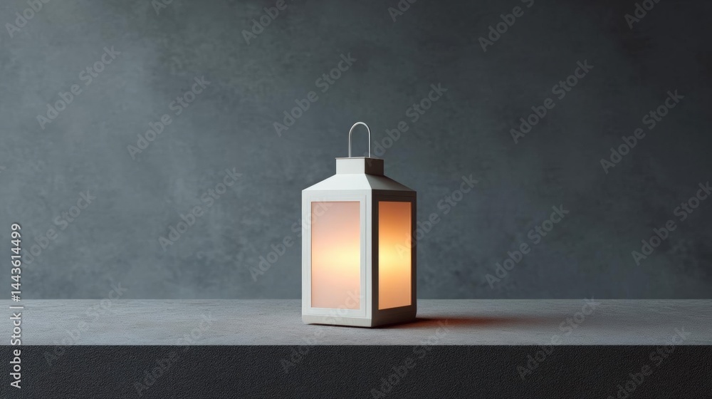 Poster white lantern with a handle on top. the lantern is placed on a grey surface with a textured backgrou