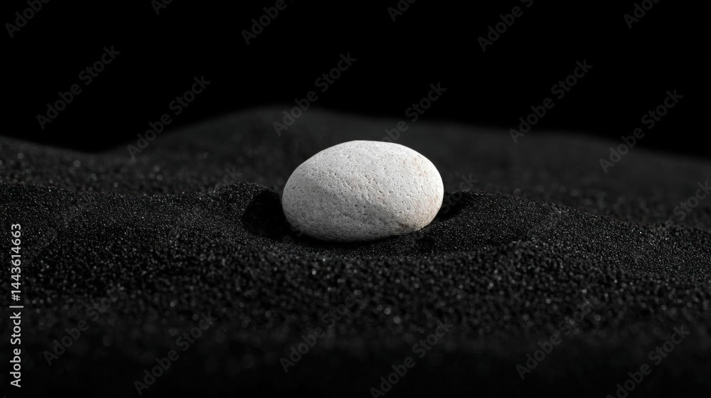 Poster close-up of a single white stone on a black surface. the stone appears to be smooth and round, with 