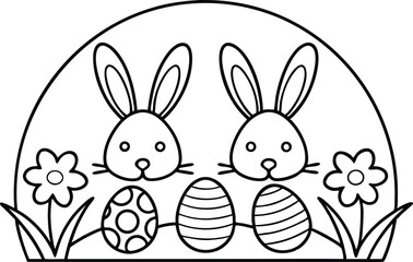 Outlined Easter Bunnies With Decorated Eggs And Flowers Coloring Page Design